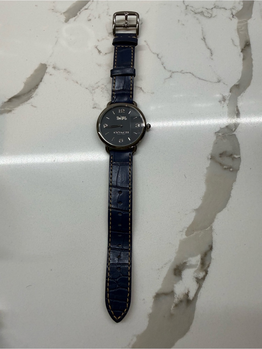 Coach Men's Navy Leather Strap Watch with Silver Case